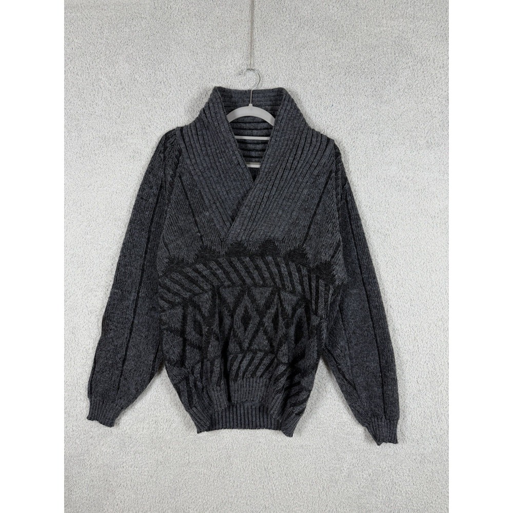 Vintage USSR Sweater Wool Shawl Collar Geometric Knit Men's Size Aprox. M-L Gray
